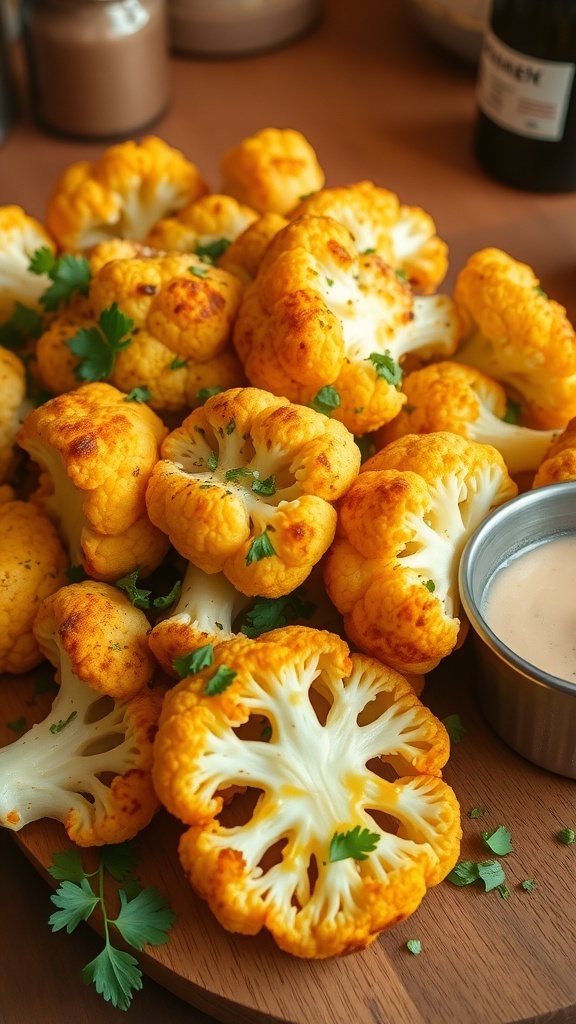 Roasted garlic and herb cauliflower florets on a wooden platter, garnished with parsley.